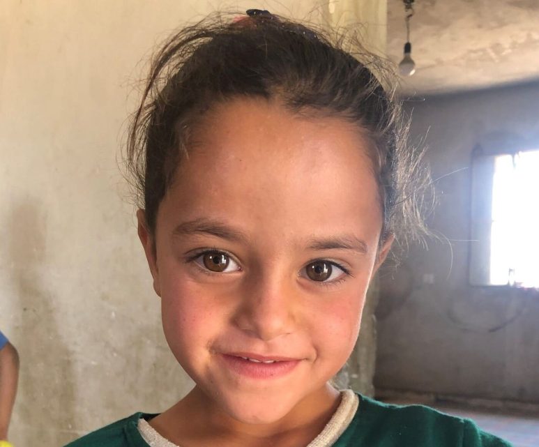Smiling young girl with brown eyes and tied-back hair, standing indoors.